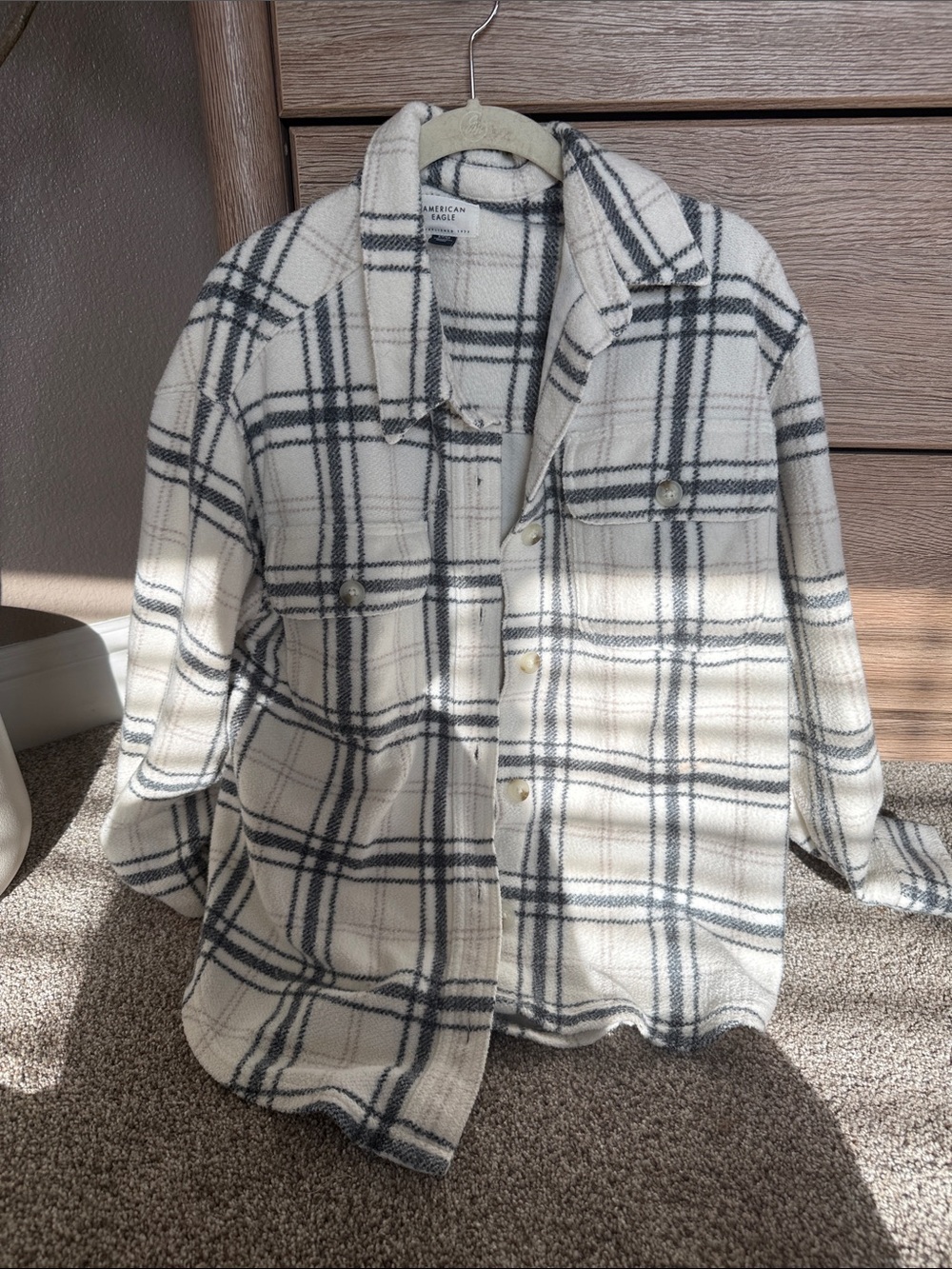 American Eagle Cream and Black Plaid Button-Front Shacket